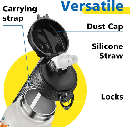 Han's Bottle Sports Water Bottle - 24 Oz, Straw Lid, Leak Proof, Vacuum Insulated Stainless Steel, Double Walled, Thermo Mug,Black