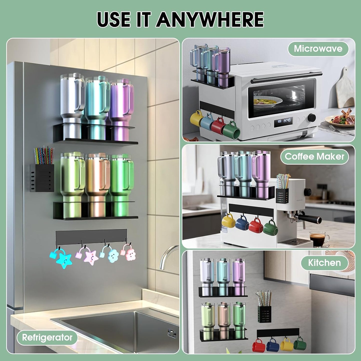 POLRAI 2 Pack Magnetic Stanley Cup Holder for Fridge, Water Bottle Organizer for Tumbler with Double Sided Tape Hold Stanley Cup Accessories for Kitchen Cabinet Wall