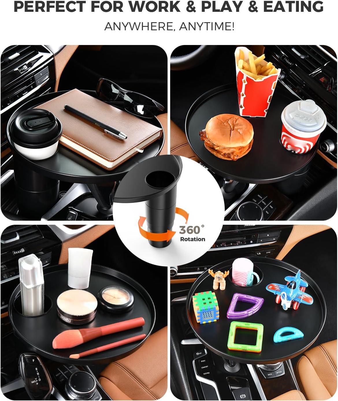FLORICH Car Tray and Cup Holders, 360° Rotating Car Desk for Laptop, Upgraded Steering Wheel Tray, Car Food Tray Table for Eating, Automatic Center Console Cup Holder Universal Fit