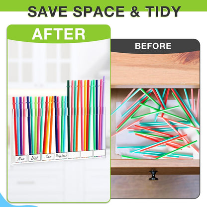 Qinyoung Acrylic Straw Holder for Cabinet Door with Double Sided Adhesive Tape Reusable Straw Organizer Tumbler Storage Kitchen Accessories Container for Counter Cupboard(Classic,Large,Transparent)