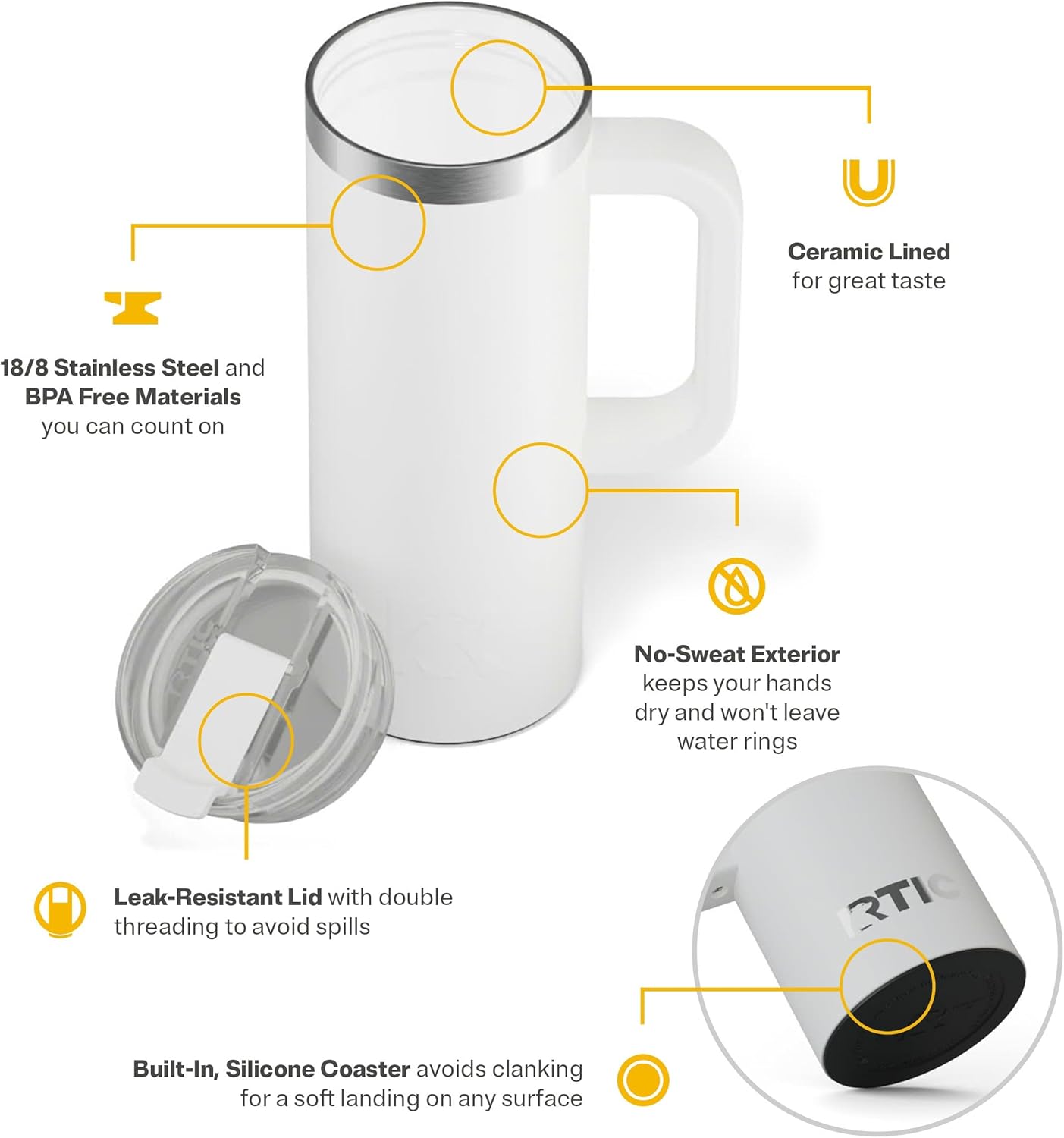 RTIC 20oz Road Trip Travel Mug with Lid and Handle, Ceramic Lined, Insulated, Stainless Steel, Metal, Double Wall Vacuum-Insulation, Portable Coffee, Tea Cup for Hot and Cold Drink, Black