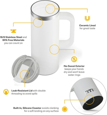 RTIC 20oz Road Trip Travel Mug with Lid and Handle, Ceramic Lined, Insulated, Stainless Steel, Metal, Double Wall Vacuum-Insulation, Portable Coffee, Tea Cup for Hot and Cold Drink, Black