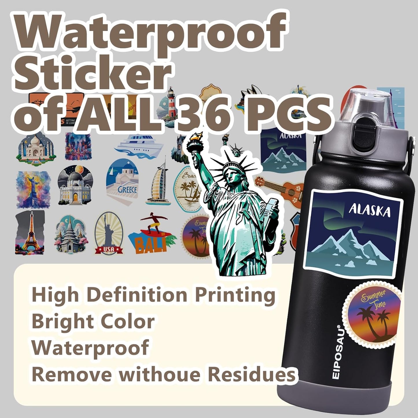 Insulated Water Bottle with Lid & Boot & Stickers, 24 oz Stainless Steel Sweat Free Bottle Keep Cold 24H, BPA-Free Sports Wide Mouth Water Bottle, BlueBlack