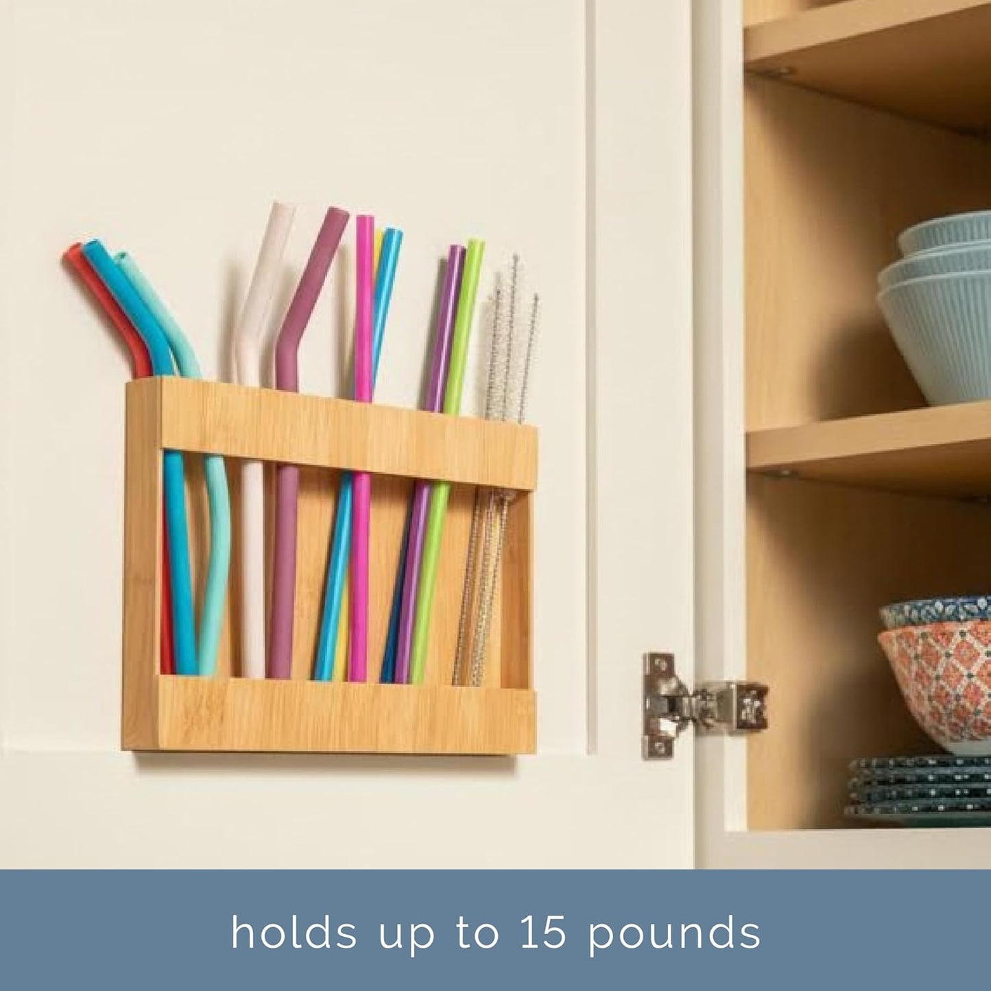 AURA Straw Holder Cabinet Organizer with Compartments, Kitchen Organization for Reusable Straws, Pantry, Office Supplies, 9.5 inches x 6.5 inches x 1 inch, Food-Safe Plastic, Bamboo