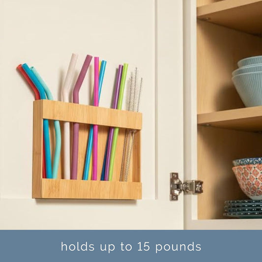 AURA Straw Holder Cabinet Organizer with Compartments, Kitchen Organization for Reusable Straws, Pantry, Office Supplies, 9.5 inches x 6.5 inches x 1 inch, Food-Safe Plastic, Bamboo
