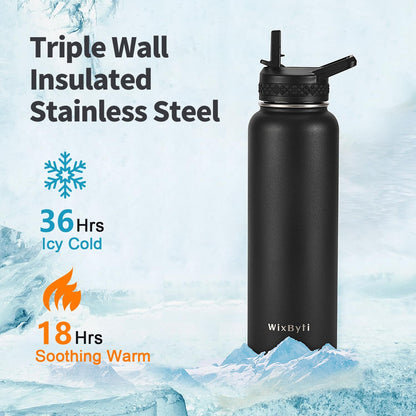 WixByti 40 oz Insulated Water Bottle with Straw (Cold for 36 Hrs), Stainless Steel Triple Wall Vacuum Sports Water Jug, Leakproof Hydro Cup Flask with Paracord Handle & Straw Spout Lids & DIY Stickers