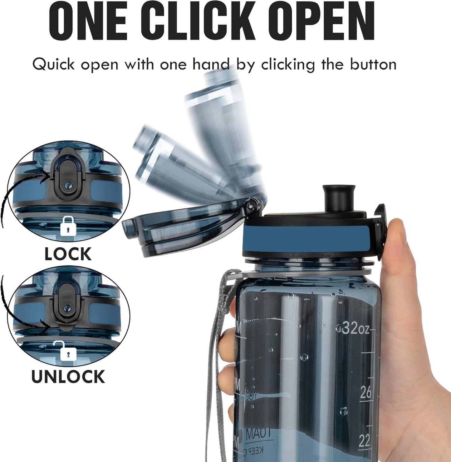 OLDLEY Water Bottle, 32oz Motivational Sports Water Bottle with Time Marker - Times to Drink - Tritan, BPA Free, Wide Mouth Leakproof, Clear (1 Bottle)