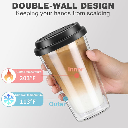 Qipecedm 2 Pack Double Walled Insulated Coffee Mugs with Silicone Lids, 12 OZ Reusable Coffee Cups, Cappuccino, Tea, Latte, Iced Coffee Cups, Travel Mugs, Heat Resistant