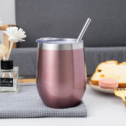 12 oz Insulated Wine Tumbler with Lid and Straw,Stainless Steel Stemless Wine Tumbler Glasses Double Wall Vacuum Wine Cups Tumbler for Coffee,Champaign,Cocktail,Office（Silver,1）