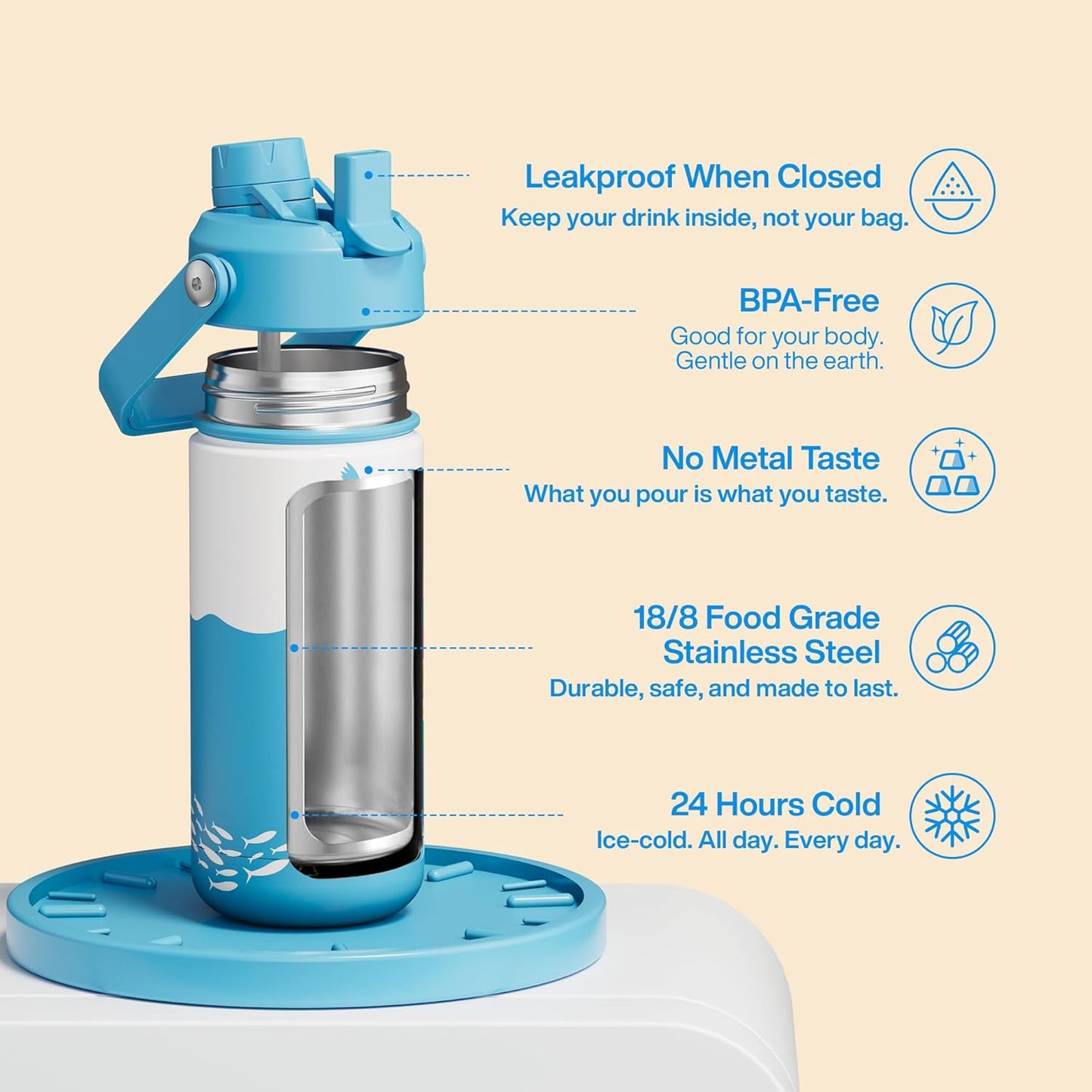 ENCOOL Insulated Water Bottle with Straw Stainless Steel Water Bottle, Leak-Proof, BPA-Free, Double Wall Vacuum Keeps Cold for 24 Hours for Sports, Travel, School (26 oz, Cotton Candy) - Colors A