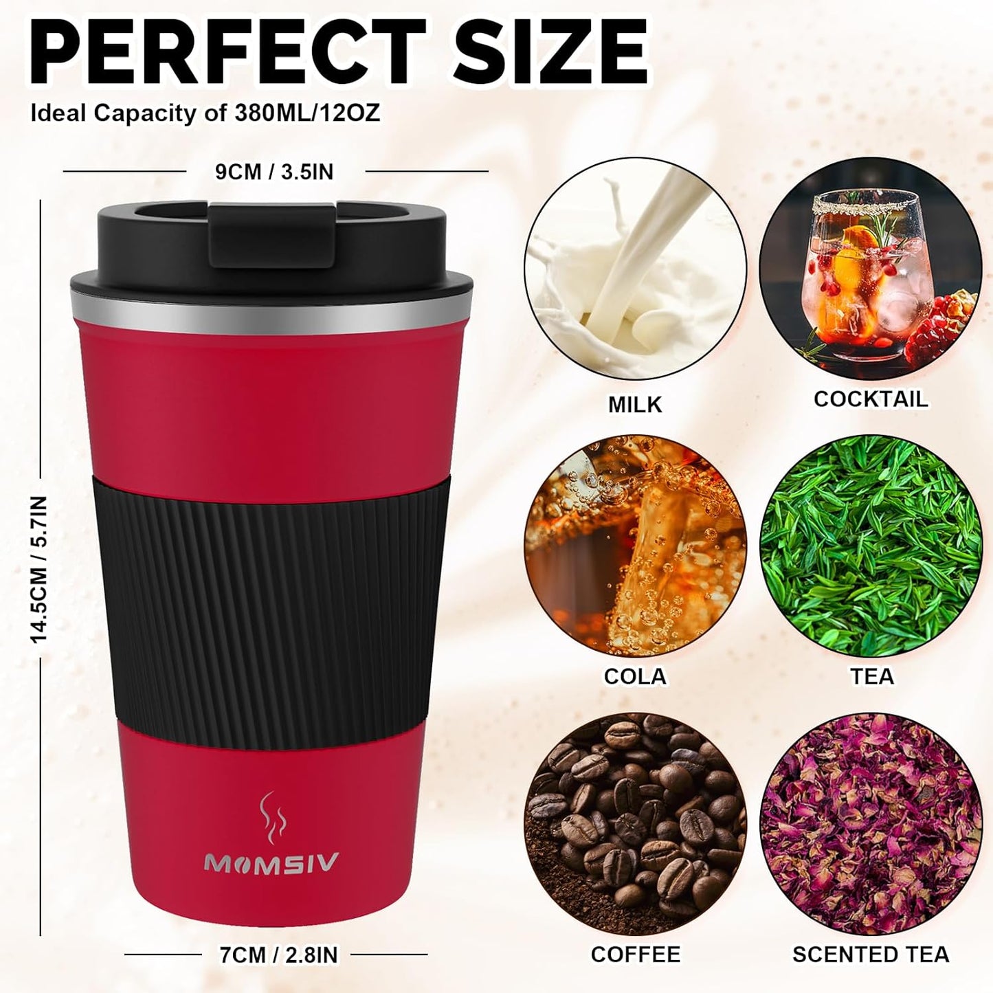 MOMSIV 12oz Travel Mug, Insulated Coffee Cup with Leakproof Lid, Travel Coffee Mug Vacuum Stainless Steel Double Walled Reusable Coffee Cup for Hot and Cold Water Coffee