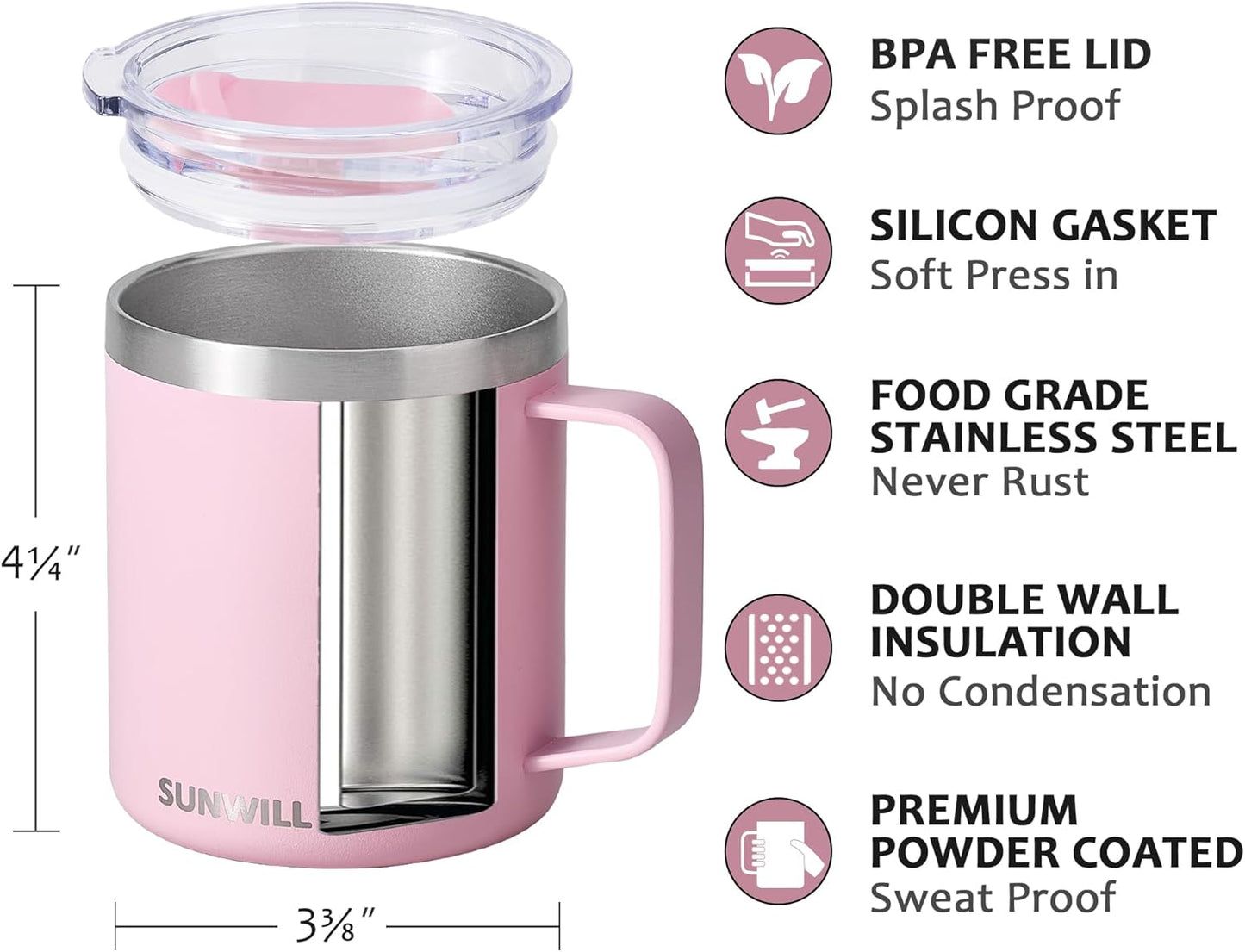SUNWILL Travel Coffee Mug with Lid, Insulated Tumbler with Handle, 14 oz Stainless Steel Cup for Ice, Water, Tea, Rose Gold