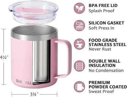 SUNWILL Travel Coffee Mug with Lid, Insulated Tumbler with Handle, 14 oz Stainless Steel Cup for Ice, Water, Tea, Rose Gold