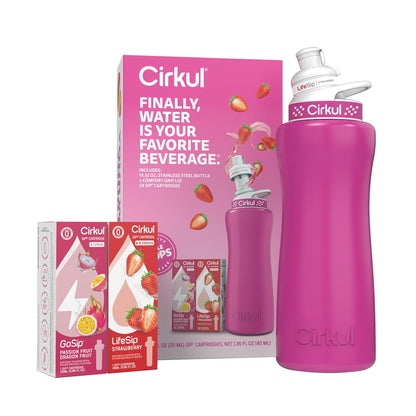 Cirkul 32oz. Chameleon Stainless Steel Water Bottle Starter Kit with Green Lid, 2 Flavor Cartridges (1 LifeSip Blackberry Blueberry, 1 GoSip Berry Blue Punch) No Sugar, Zero Calorie Drink Mix