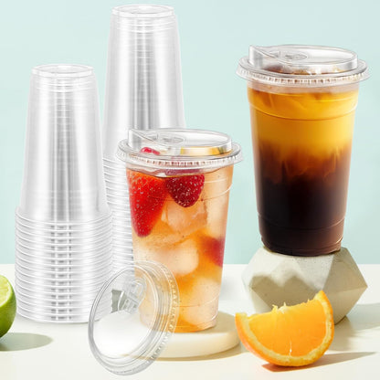 BYSNOW 100 Pack 16 oz Clear Plastic Cups with Lids, Disposable Iced Coffee Cups with Sip Lids, Sturdy Plastic Smoothie Cups for Cold Drinks