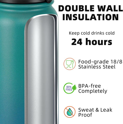 Fanhaw 20 oz Insulated Stainless Steel Water Bottle with Anti-Dust Chug Lid, Leakproof Vacuum Metal Everyday Use Bottle for Kids, Teens & Adults, Back to School Essentials (Green Blue)