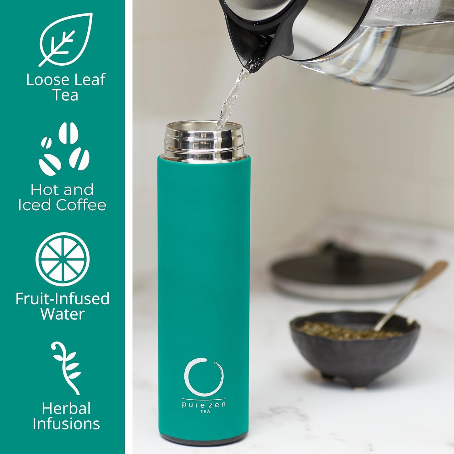 Pure Zen Tea Thermos with Infuser for Hot and Cold Infusions - Stainless Steel - Tea Infuser Bottle - Leakproof Travel Mug with Filter - 15oz - Blue