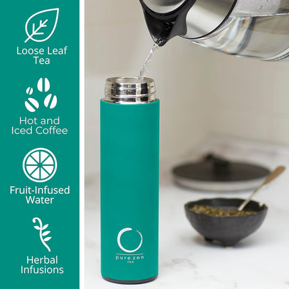 Pure Zen Tea Thermos with Infuser for Hot and Cold Infusions - Stainless Steel - Tea Infuser Bottle - Leakproof Travel Mug with Filter - 15oz - Blue