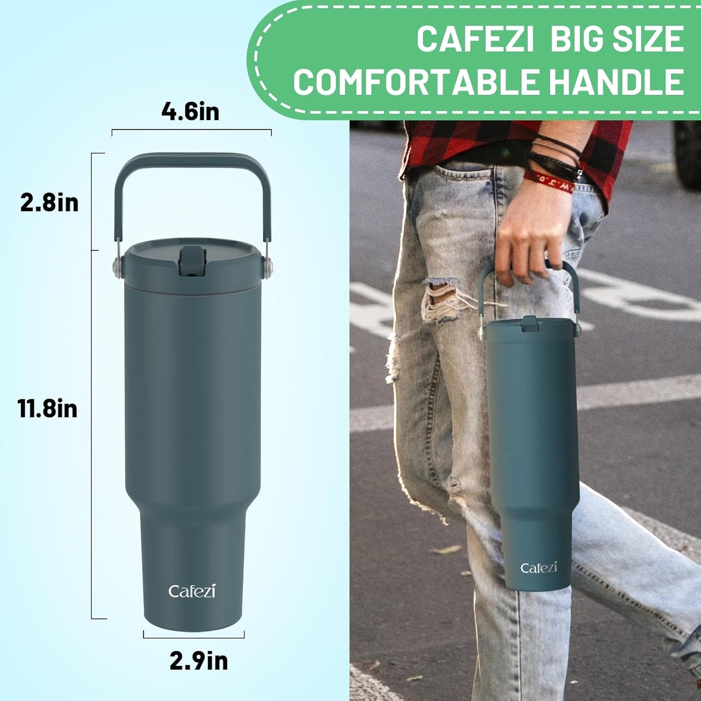 40 oz Insulated Tumbler with Top Handle and Flip Straw, Vacuum Insulated Stainless Steel Cup with Leak-Proof Lid, Sweat-Free, Fits Cup Holder, Keeps Ice Cold up to 30 Hours