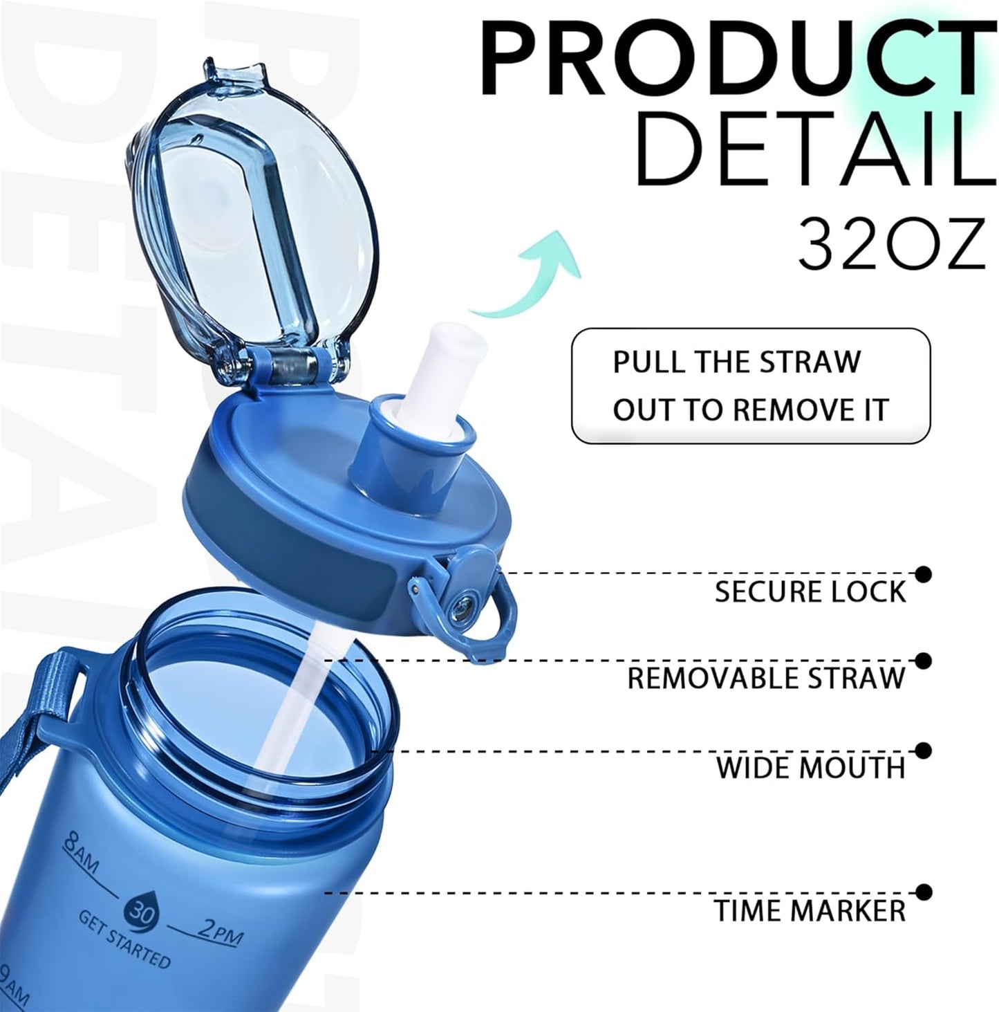 32oz Water Bottle with Time Marker, Motivational Drinking Bottle with Strap, BPA-Free Leak-Proof, Encouraging Water Bottle Time to Drink Water for Gym School Office Travel