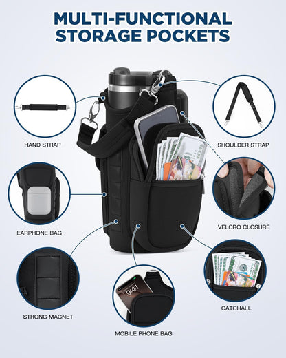 IPOW Magnetic Gym Bag Water Bottle Carrier Holder with Phone Pockets & Shoulder Strap for Men Women,Water Bottle Holder, Gym Pouch, Crossbody Bag for Travel, Sports, Work, Fitness - Black
