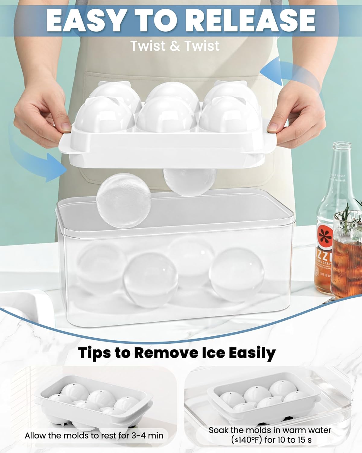 Large Ice Cube Tray for Freezer - 2 Pack Stackable Round Ice Cube Molds Set, Easy to Fill & Release with Storage Bin and Tongs for Kitchen, Party, Cocktail & Coffee, Gifts for Whiskey Lover (1.93In)