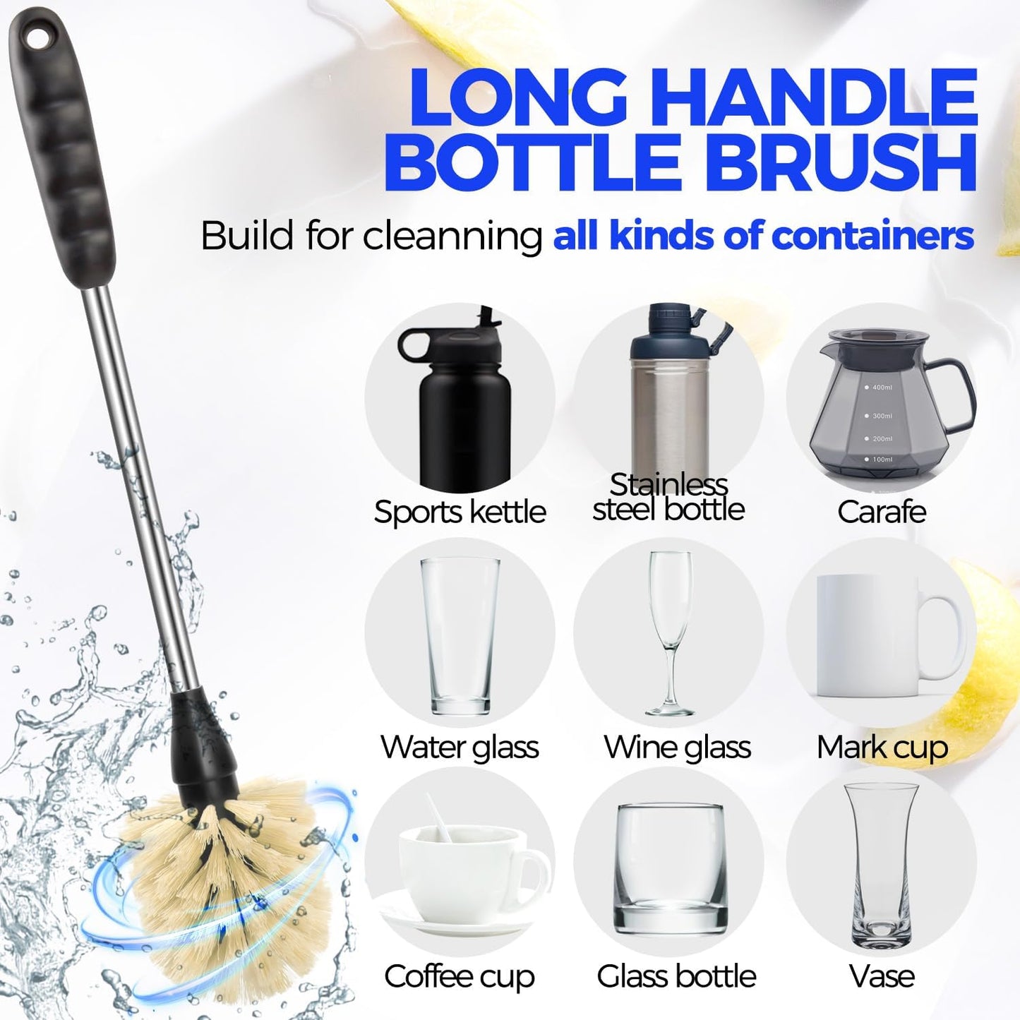Holikme 6 Pack Bottle Brush Set, 14" Long Handle Stainless Steel Bottle Cleaner Brush, 3 Straw Brushes, 4-in-1 Bottle Cleaning Brush for Water Bottle, Antistatic Lab Brushes Straws, Black