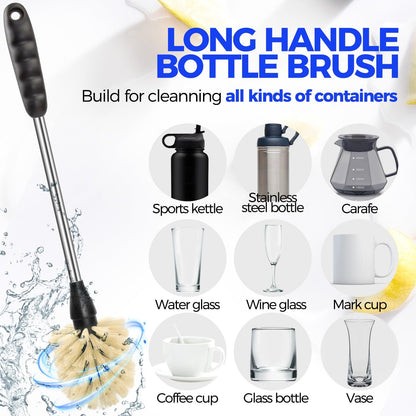 Holikme 6 Pack Bottle Brush Set, 14" Long Handle Stainless Steel Bottle Cleaner Brush, 3 Straw Brushes, 4-in-1 Bottle Cleaning Brush for Water Bottle, Antistatic Lab Brushes Straws, Black