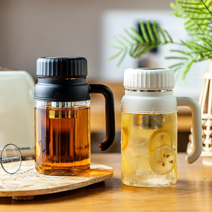 32oz Tea Infuser Bottle - Large Glass Water Bottle with Removable Infuser for Loose Leaf Tea & Fruit, Leakproof, Lead-free, Wide Mouth for Easy Cleaning - Handle for Hot & Cold Beverages (White)