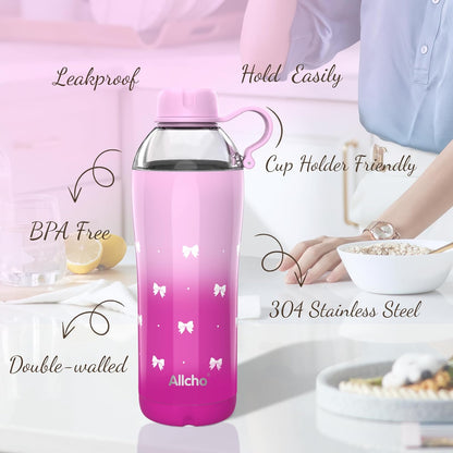 Allcho Insulated Water Bottle for Women, 18oz Stainless Steel Leak Proof Tumbler with 2 Lids, BPA-Free Tritan Chug & Straw Lid, Double Wall Vacuum Flask