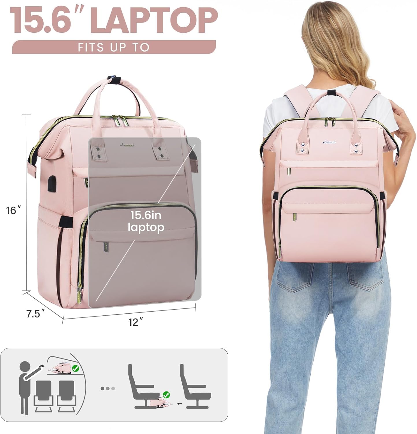 LOVEVOOK Laptop Backpack for Women with Giant Tumbler Holder Pocket,15.6 inch Waterproof Travel Backpack Purse Computer Laptop Bag,Professional Work College Nurse Teacher Backpack Casual Daypack,Black