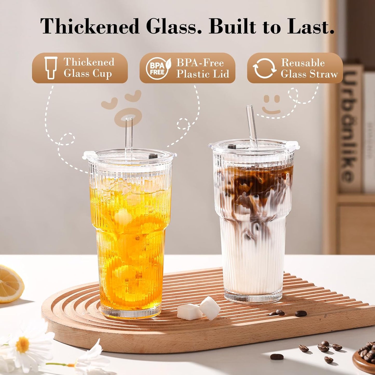 GOSCHE 20oz Ribbed Glass Tumbler with Straw and Lid, Clear Iced Coffee Cups Vintage Glassware, Glass Cups with Lids and Straws for Smoothie Water Tea Juice, Clear, 2 Pack