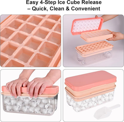 Ice Trays for Freezer with Lid & Bin, Ice Cube Tray Making 64 pcs Ice Cubes, Easy Press to Release Ice, Ice Tray with Storage Bin Chilling Cocktail Whiskey Coffee 2 Trays 1 Ice Bucket & Scoop (Black)