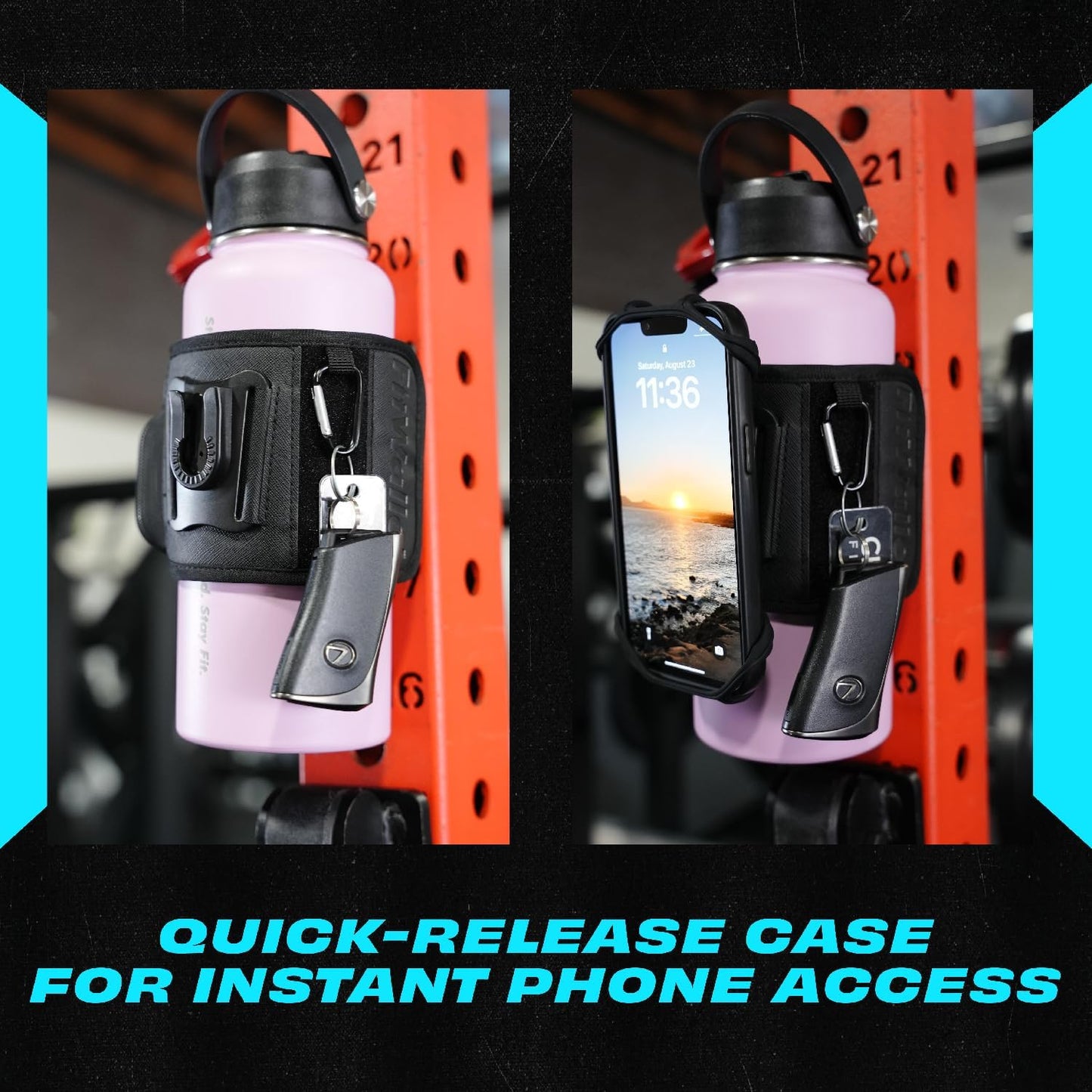 Magnetic Gym Water Bottle Bag & Phone Holder – Hands-Free Sleeve Pouch for Stanley, Hydro Flask & YETI – Detachable Smartphone Case for Workout
