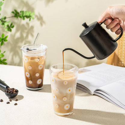 Olvini 15oz Glass Tumbler with Straw and Lid, Cute Iced Coffee Cups, Aesthetic Glass Cups, Coffee Tumbler, Water Cup, Matcha Cup, Drinking Glasses (Clear)