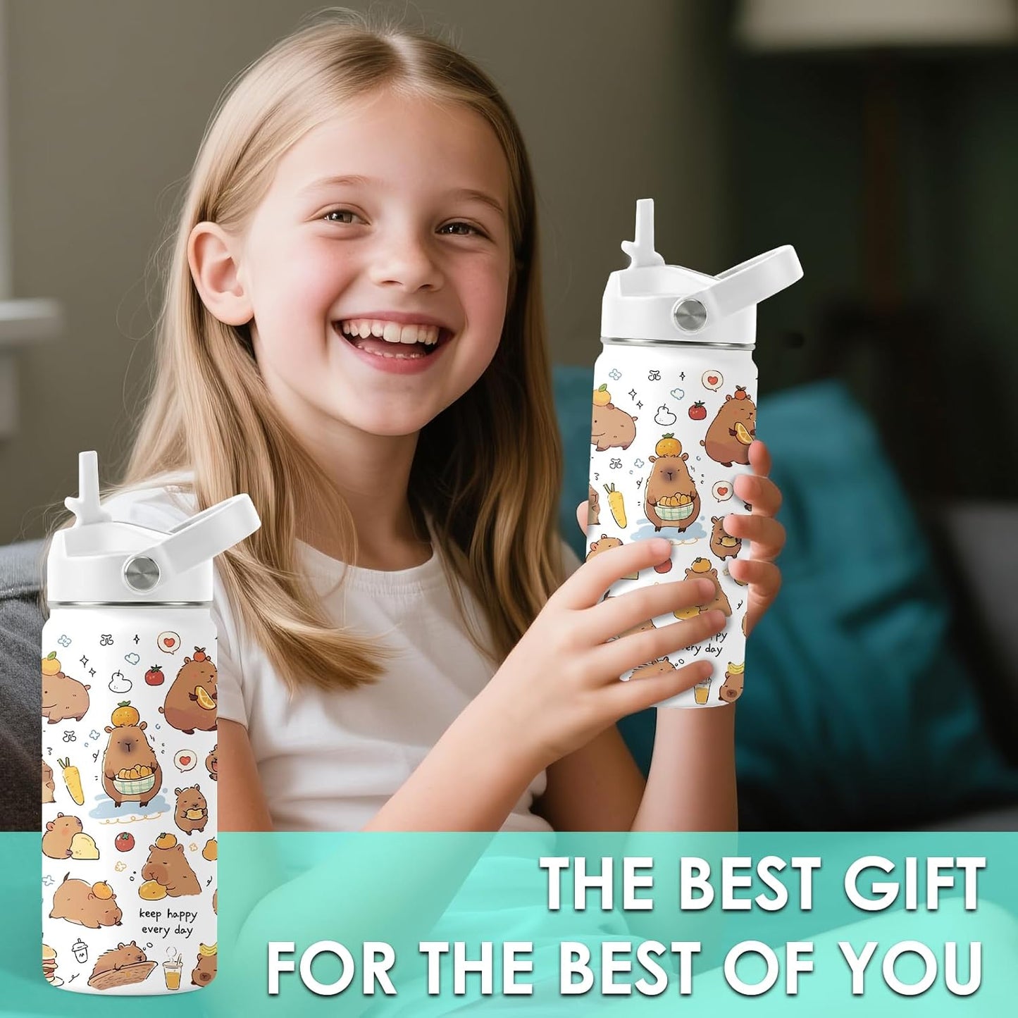 Strawberry Gifts for Kids - 16oz Pink Kids Water Bottle with Straw Lid, Stainless Steel Insulated Water Bottle, Leakproof, BPA-Free, for Girls, School, Strawberry Lover Children Birthday Gift Cup(1pc)