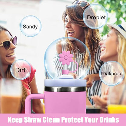 Flower Straw Covers Toppers for Stanley Cups 30&40 Oz Tumbler with Handle Accessories 4PCS Silicone Straw Caps Reusable Straws Tips Protectors for Stanley Cup 10mm 0.4in Straws,Off White