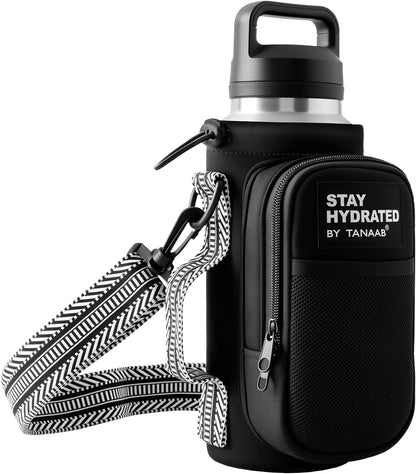 Water Bottle Holder with Strap, Neoprene Crossbody Carrier, Phone Pocket, 1.46" Wide Strap, Fits 24-40oz