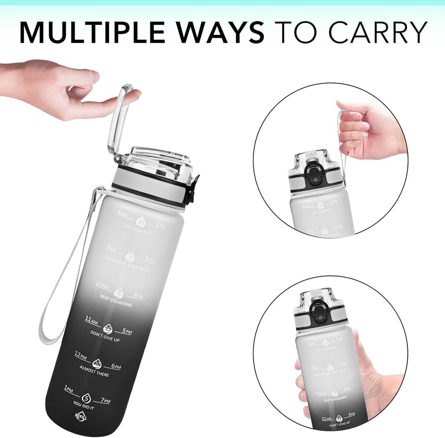 32oz Water Bottle with Time Marker, Motivational Drinking Bottle with Strap, BPA-Free Leak-Proof, Encouraging Water Bottle Time to Drink Water for Gym School Office Travel