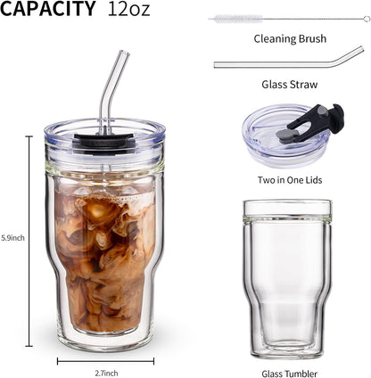 BLUEPOLAR Double Walled Glass Espresso Cups, Insulated Coffee Mug with Straw and Lid - 12oz/350ml Reusable Tumbler for Hot/Cold Drinks, Smoothie, Latte, Matcha, Car & Travel