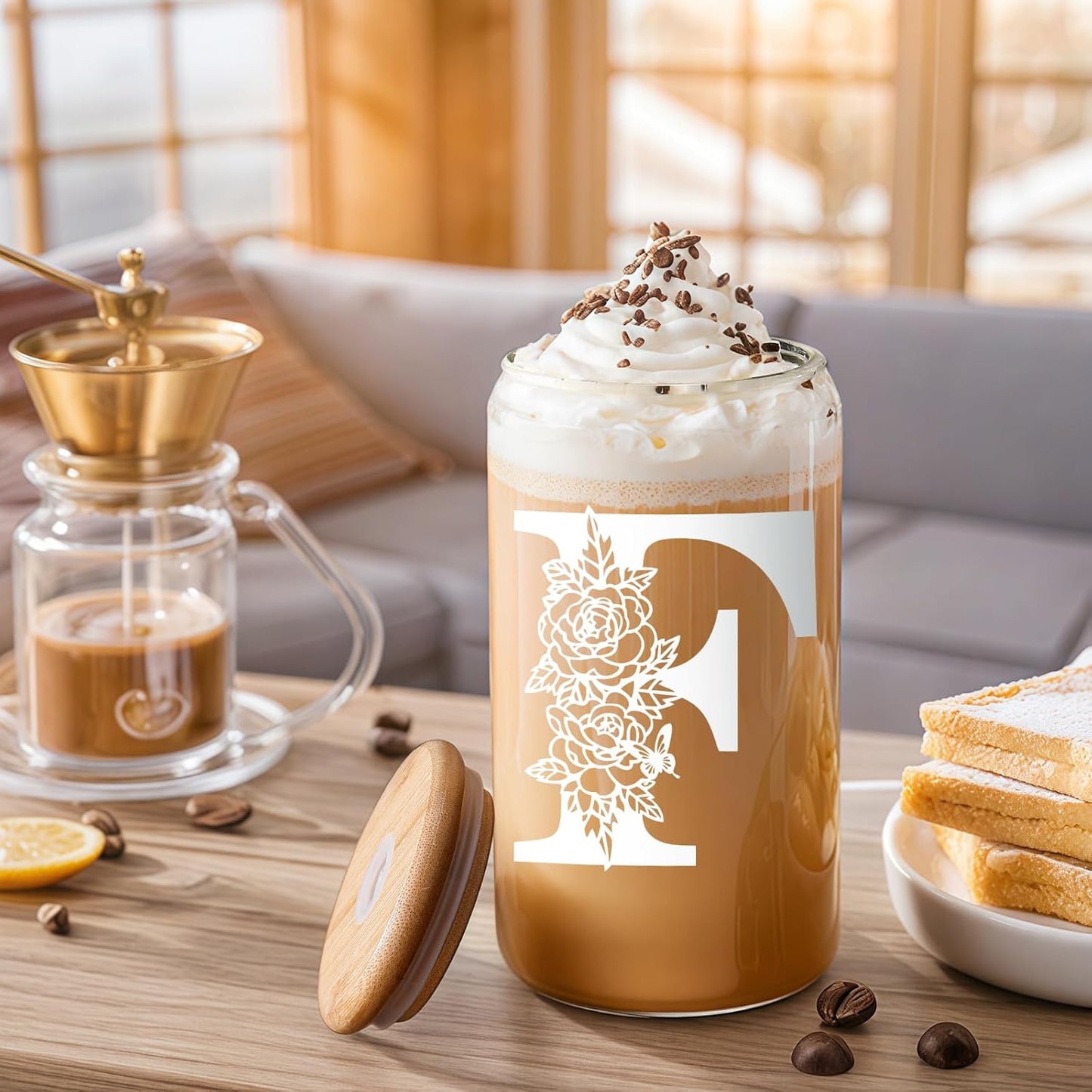 Glass Cups with Lids and Straws: Personalized Initial Glass Cup Be Used As Reusable Iced Coffee Cups with Lids,Cute Matcha Tumbler - The Christmas/Birthday Gifts for Women - M Smoothie Cup