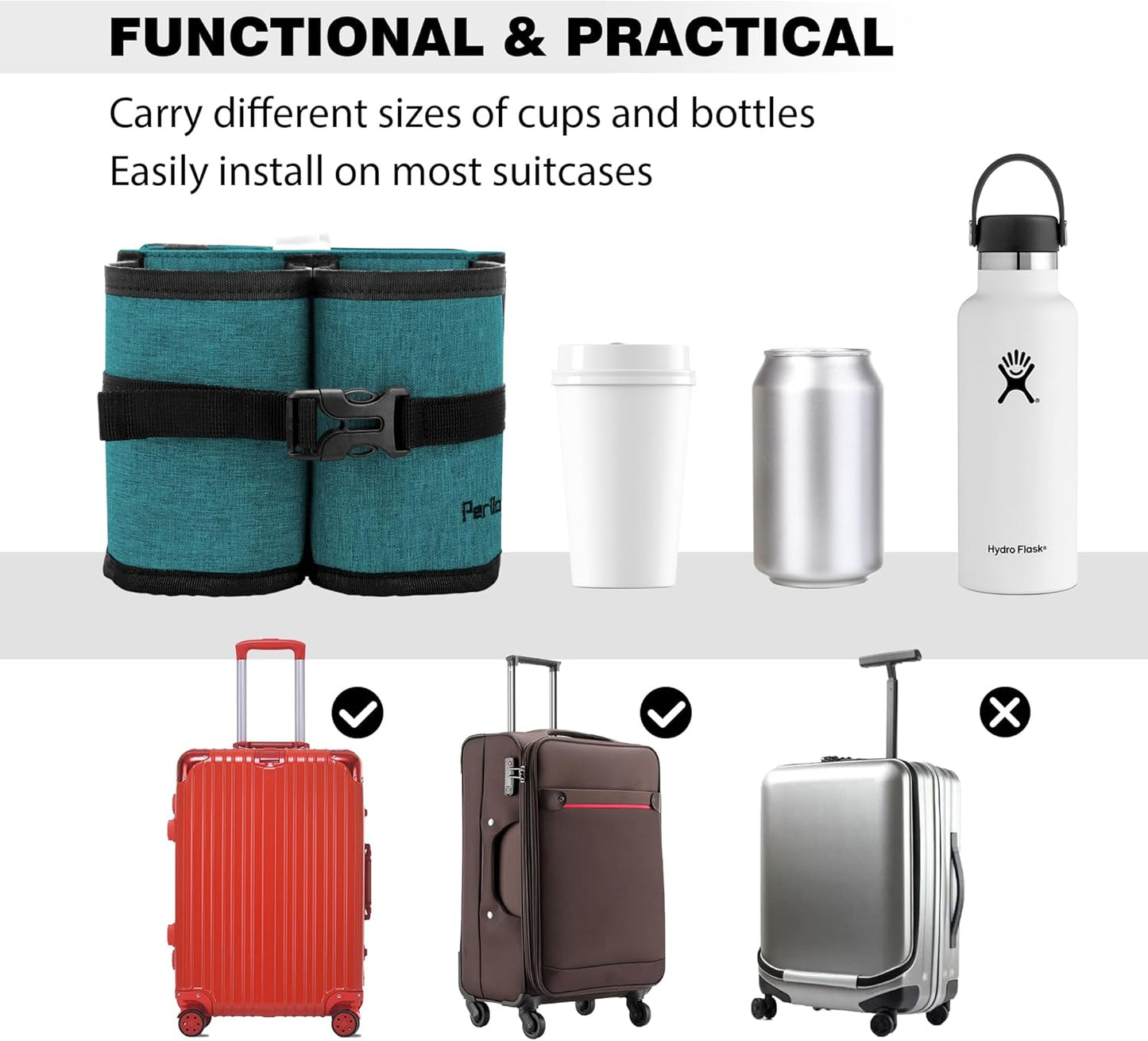 Perilogics Luggage Travel Cup Holder Hands Free Drink Caddy for Suitcase Handle. Perfect Airplane Travel Essential Accessory Gift for Frequent Traveler, Flight Attendant or with Children (Dark Gray)