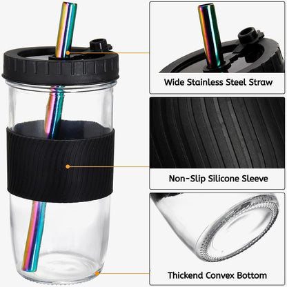 Youeon 4 Pack 24 Oz Reusable Boba Cups with Lids and Straw, Iced Coffee & Smoothie Cups, Bubble Tea & Mason Jar Style with Silicone Sleeve, BPA Free, Dishwasher Safe, 2 Colors