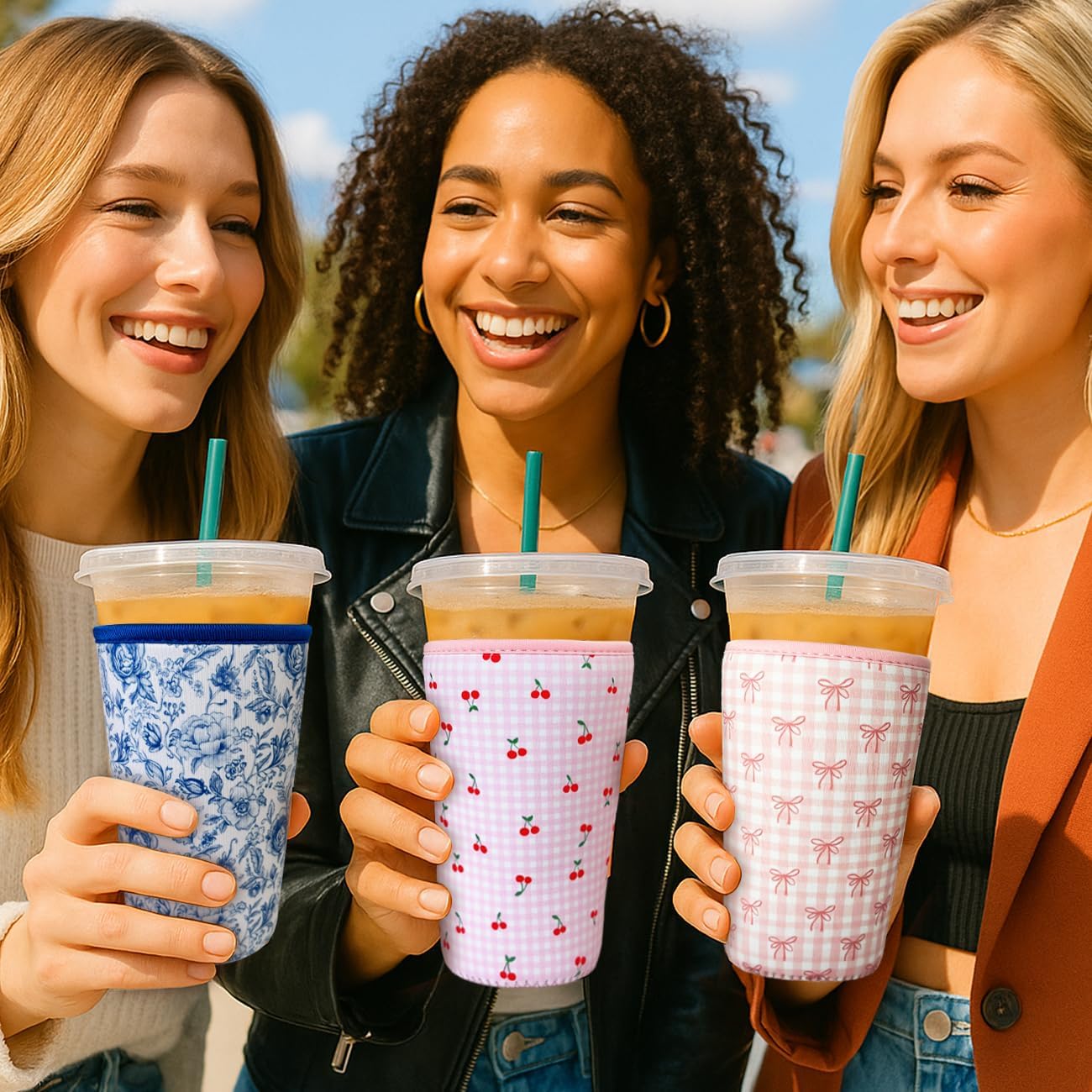 Reusable Insulated Neoprene Iced Coffee Cup Sleeve, Durable Drink Sleeve for Cold Beverages, Beverage Holder for Iced Coffee, Floral Checkers