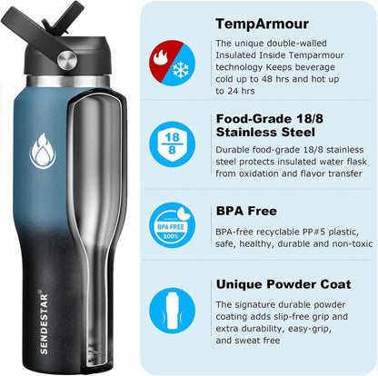 SENDESTAR 40oz Water Bottle Wide Mouth Stainless Steel Vacuum Insulated Double Wall with Straw Lids Fit in Any Car Cup Holder