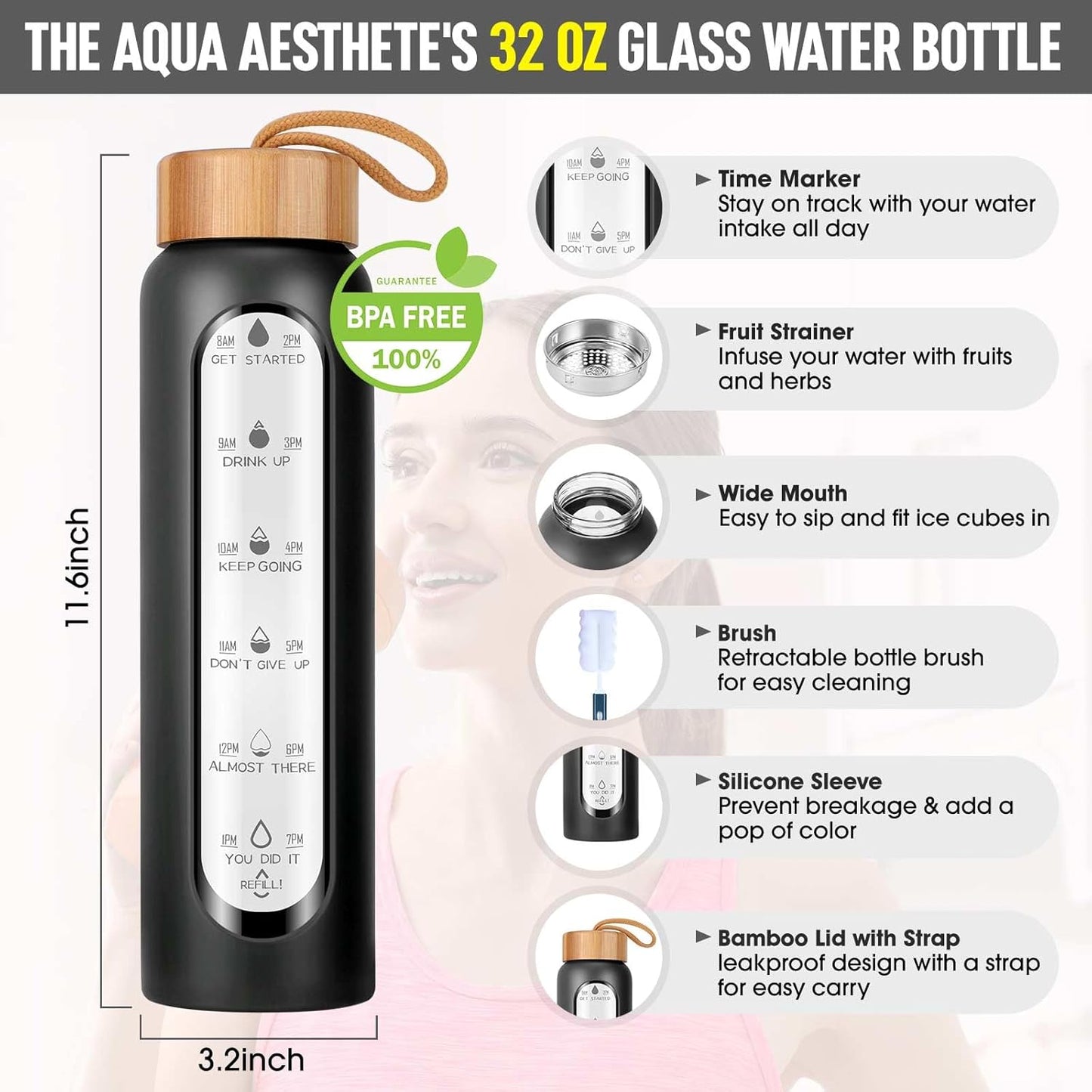 Aqulea Glass Water Bottles 25 Oz with Silicone Sleeve - BPA Free Reusable Wide Mouth Glass Motivational Water Bottles with Fruit Infuser – Leak Proof Borosilicate Water Bottle with Time Marker (White)