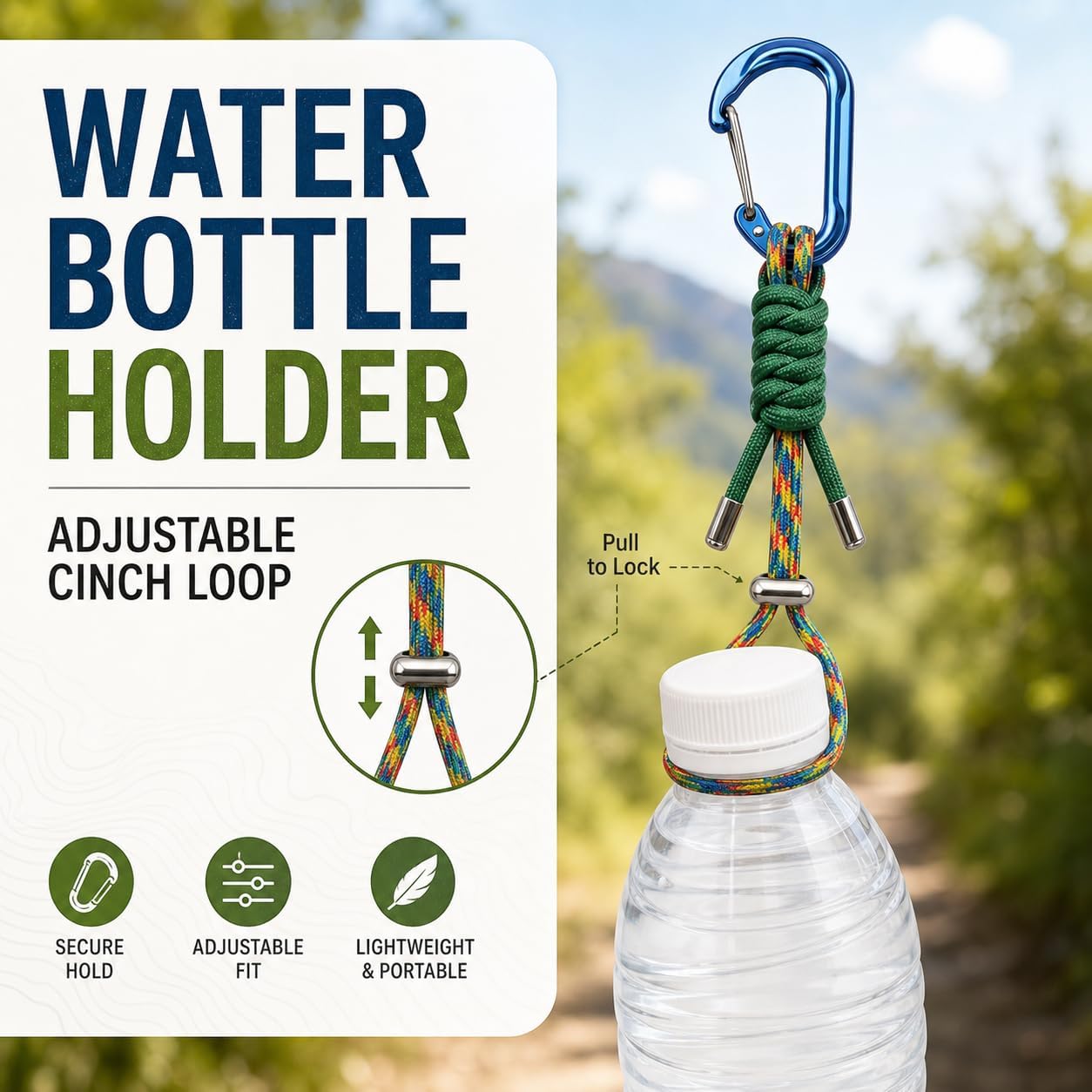 2 Pack Water Bottle Holder with Paracord Carabiner Clip, Adjustable Cinch Lanyard for Backpack Hiking Camping