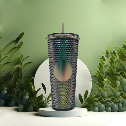 Studded Tumbler With Straw Tumblers With Lids And Straws Iridescent Blue Cups Water Cup With Straw And Lid BPA-Free Double-Wall Plastic for Iced Coffee Cups or Water 24 Oz