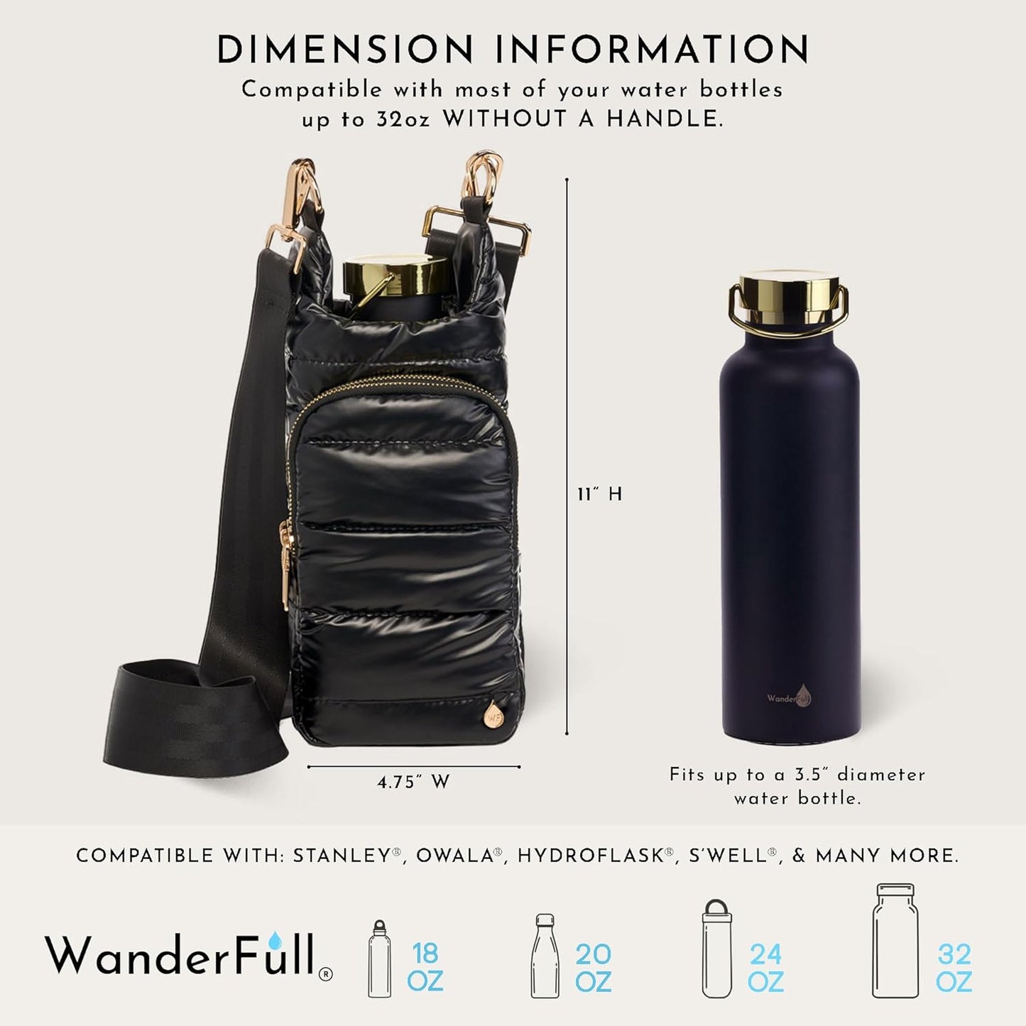 WanderFull Original HydroBag Fits Up to 32 oz Water Bottle Holder with Strap – Hands-Free Crossbody Water Bottle Carrier Bag with Phone Pocket - Colors A