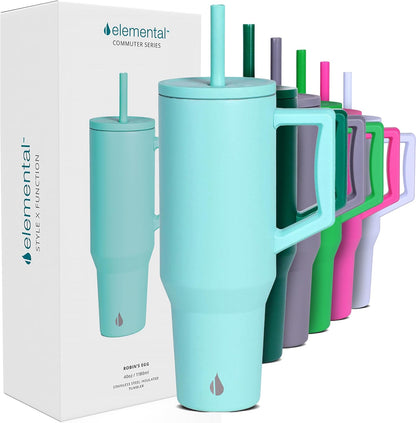 Elemental 32 oz 100% Leak Proof Tumbler with Handle & Straw - Stainless Steel Double Wall Insulated Tumbler for Hot and Cold Beverages - Travel Coffee Mug with Sip & Straw Lid - White - Colors A